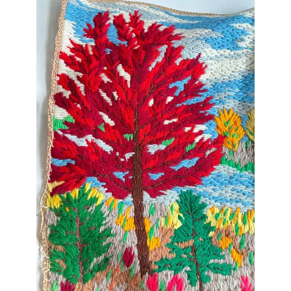 Vintage Hand Stitched Needlepoint Landscape Tree Scene Burlap Textile Art 14x12